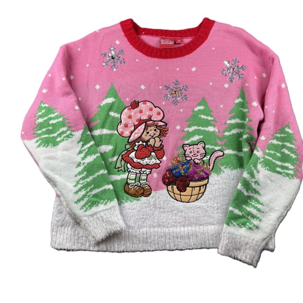 Strawberry Shortcake Women Christmas Sweater Embroidered Fuzzy Knit Medium Q234
